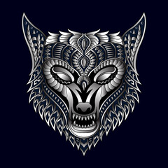 Stylized wolf in ethnic vector dark background with silver color