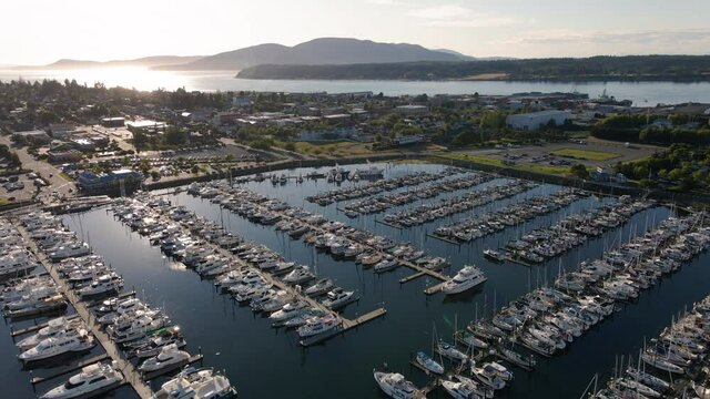 Backward Aerial of Boats Docked at Cap Sante Marina in Anacortes Washington