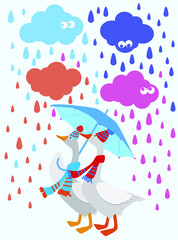 Vector illustration of funny colorful clouds,  goose with umbrella and rain. Illustration for kids