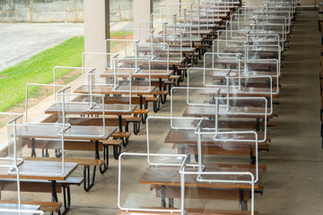 Preventing the spread of Covid-19 coronavirus in schools and universities by using plastic sheets divide the area in the cafeteria for social distance and new normal life policy in Thailand