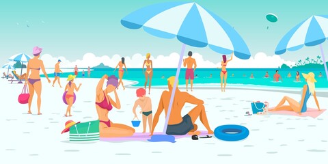 Summer vacation, people on the beach. Vacation, sea, sand, sun and sky. Vector illustration