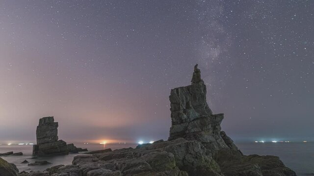 4K, 10BIT, YUV422 timelapse of galaxy milky way in starry night sky with sea and Jiangjun rocks in Dalian,China