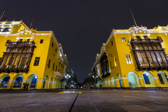 LIMA, PERU: Night view of The Municipal Palace of Lima is located in the Historic center of the city