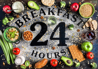 Poster breakfast is 24 hours. Healthy food. A set of cereals, fruits, vegetables, nuts, yogurt. The concept of a healthy diet all day.