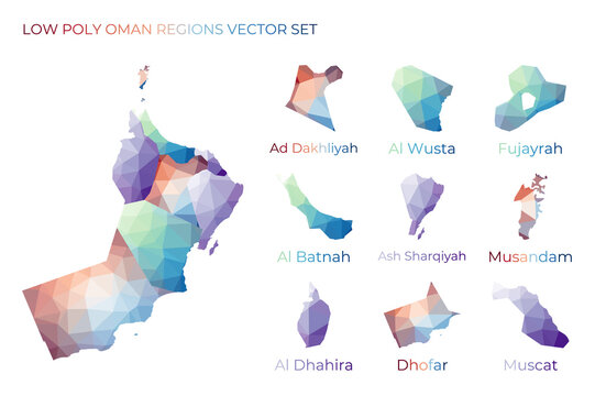 Omani low poly regions. Polygonal map of Oman with regions. Geometric maps for your design. Radiant vector illustration.