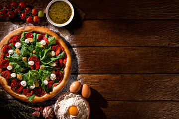palm heart and cream cheese Pizza. Top view on wood background, close up. Traditional Brazilian Pizza