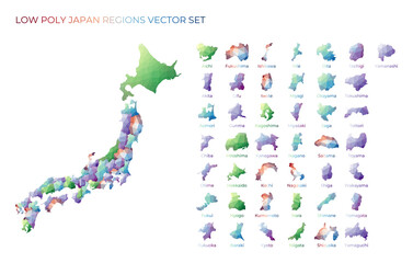 Japanese low poly regions. Polygonal map of Japan with regions. Geometric maps for your design. Vibrant vector illustration.