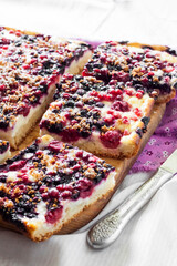 Closeup of berry pie with cottage cheese cut on square slices