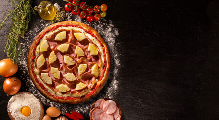 Turkey breast, pineapples and cream cheese Pizza. Top view on wood background, close up....