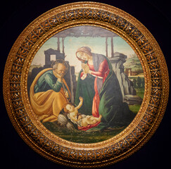 Colorful religious medieval painting showing Mary, Joseph and baby Jesus © Giorgio G
