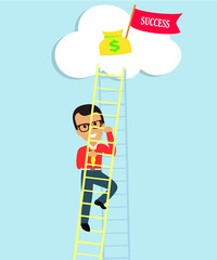 Businessman climbing success ladder/reaching at the target/dollar/flag