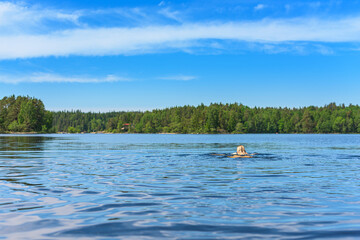 Woman swimming in a lake in the woods