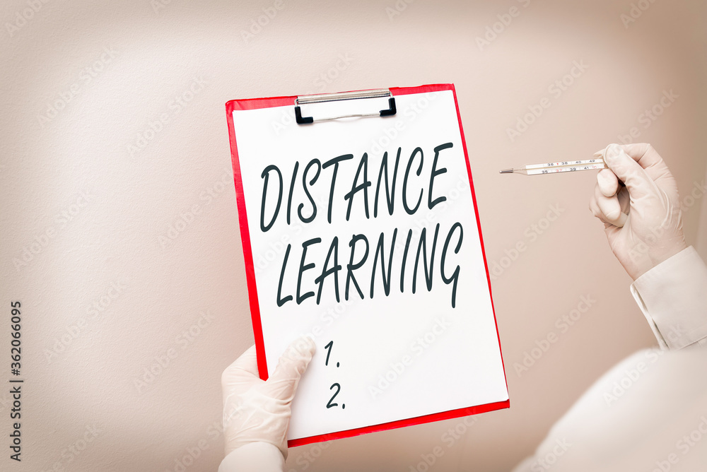 Poster writing note showing distance learning. business concept for educational lectures broadcasted over t