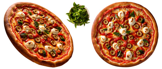 Brazilian pizza with tomato, cream cheese, olive and basil. Side and Top view on white background, close up. Traditional Brazilian Pizza