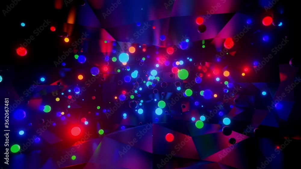 Poster 3d abstract creative animation background with neon glow multi-colored spheres inside camera, reflec