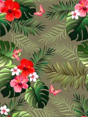 Foto op Canvas Naadloze tropische patroon met jungle bloemen en bladeren. © Logunova  Elena