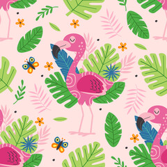 seamless pattern with cute pink flamingo -  vector illustration, eps