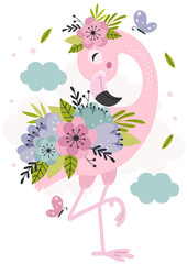 Naklejki  poster with beautiful floral pink flamingo -  vector illustration, eps