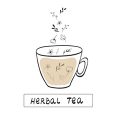 Cute tea time card. Cup with floral design elements. Menu for restaurant, cafe, bar, tea-house. Vector illustration isolated on white background.