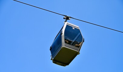 Gondola cable car way to mountains. 