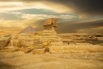 The great Sphinx of Giza in a beautiful moody sunset, Cairo, Egypt