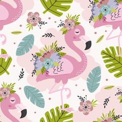 seamless pattern with lovely floral pink flamingo