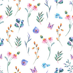 Watercolor summer flowers seamless pattern of rose, peonies, wildflowers on white background.