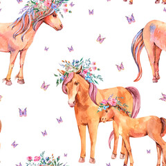 Watercolor floral unicorn, horse seamless pattern on white background. Animal fairy collection © Belus