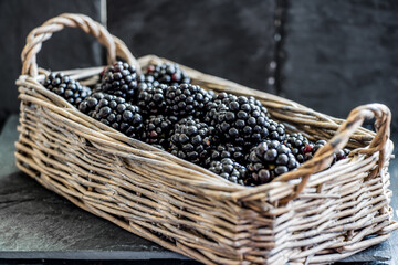 blackberry in a wicker basket on a black background. Blackberry close up.