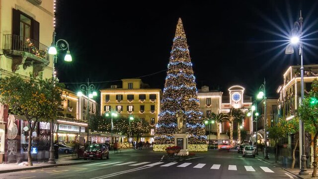 Sorrento With Christmas Lights And Christmas Tree, Timelapse In Piazza Tasso