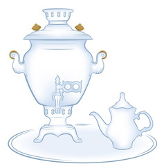 Samovar, a metal container traditionally used to heat and boil water in Russia. Samovars usually have a ring-shaped attachment to hold and heat a teapot. Blue sketch of samovar and teapot. Coloring pa