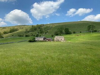 Obraz premium Farm buildings, set against the hills, with trees and wild flowers in, Buckden, Skipton, UK