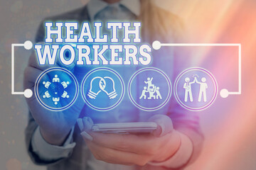 Handwriting text Health Workers. Conceptual photo showing whose job to protect the health of their communities Information digital technology network connection infographic elements icon