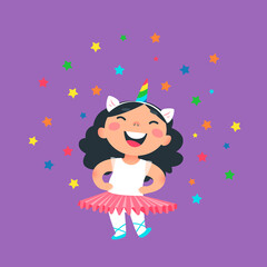 Cute little girl in a unicorn band and ballet clothes. Vector children illustration.