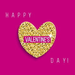 Happy valentine's day card with  glittered heart. Design on a magenta background. shiny heart.