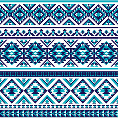 Pattern with geometrical ornaments in shades of blue and turquoise. Seamless vector background inspired by tribal patterns.
- 362072005