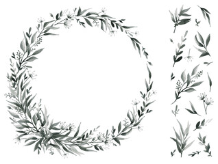Botanical wreath. Flowers, leaves and branches in round frame. Vintage design for logo, wedding invitations, postcards, stickers and textile. White isolated background. Paper texture. Set watercolor.