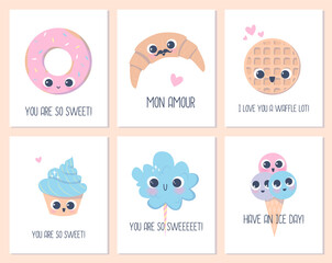 Cute dessert characters cards. FUnny girlish or childish illustrations. Vector flat cartoon design.