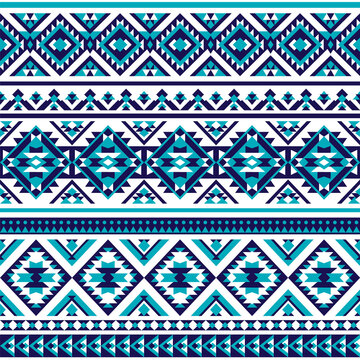 Pattern with geometrical ornaments in shades of blue and turquoise. Seamless vector background inspired by tribal patterns.
