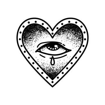 Old School Tattoo Vector Print. Crying Eye In A Classic Heart.
