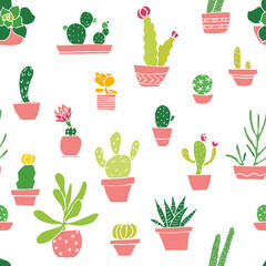 Succulents seamless pattern in cartoon style. Bright colors. Vector.
