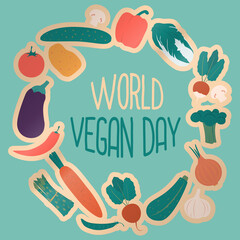 World vegan day vector illustration. Vegetable circle. Fresh and healthy veggies wallpaper. Healthy nutrition. Cartoon design.