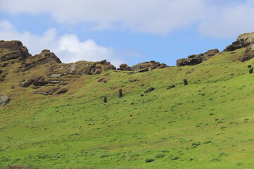 Moaïs sur la pente du volcan Rano Raraku à l'île de Pâques