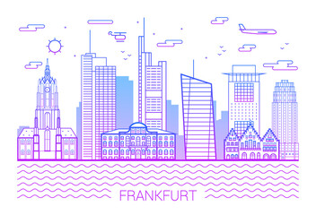 Frankfurt city, Pink Line Art Vector illustration with all famous buildings. Linear Banner with Showplace. Composition of Modern cityscape. Frankfurt buildings set. White background and pink line.