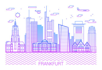 Fototapeta premium Frankfurt city, Pink Line Art Vector illustration with all famous buildings. Linear Banner with Showplace. Composition of Modern cityscape. Frankfurt buildings set. White background and pink line.