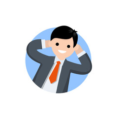 Successful businessman in suit. Gesture with hands behind head. Stay on job. Happy man in tie. Business and joy icon. Cartoon flat illustration isolated on white