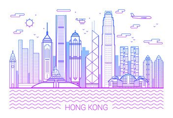 Hong Kong city pink line art vector. Illustration with all famous buildings. Cityscape. White background and pink line.