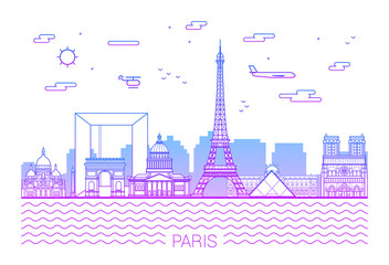 Paris city. Pink Line Art Vector illustration with all famous buildings. Linear Banner with Showplace. Composition of Modern cityscape. Paris buildings set.