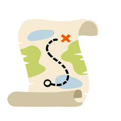 Treasure pirate map. Route with a red cross of the goal. The path and the road. Old paper sheet. Cartoon flat illustration