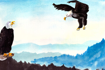 Beautiful mountain landscape of the morning sky with rolling mountains and a pair of strong eagles. Watercolor illustration with space for text on the theme of the beauty of wildlife and birds.

